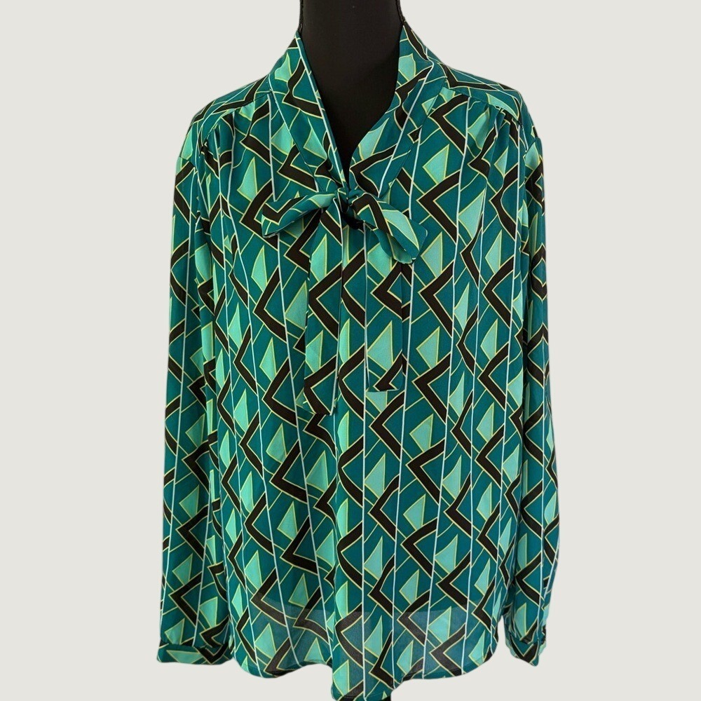 Jones New York Jones & Co Teal Geometric Tie Neck Blouse XL 1252875